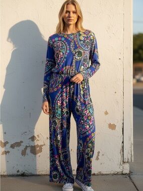 Montgomery Wards Vintage 1970s Blue Flower Power Jumpsuit Size 14 Long Sleeves